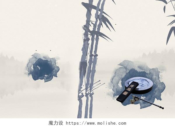 白色手绘中国风古风水彩树木笔墨书法画册封面海报背景